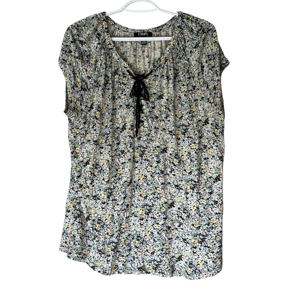 Chaps Blue / Green Floral Short Sleeve Blouse Size XL